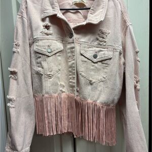 Distressed Pink Denim Jacket with Fringe